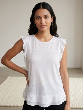 J. Crew White Ruffle Trim Tank